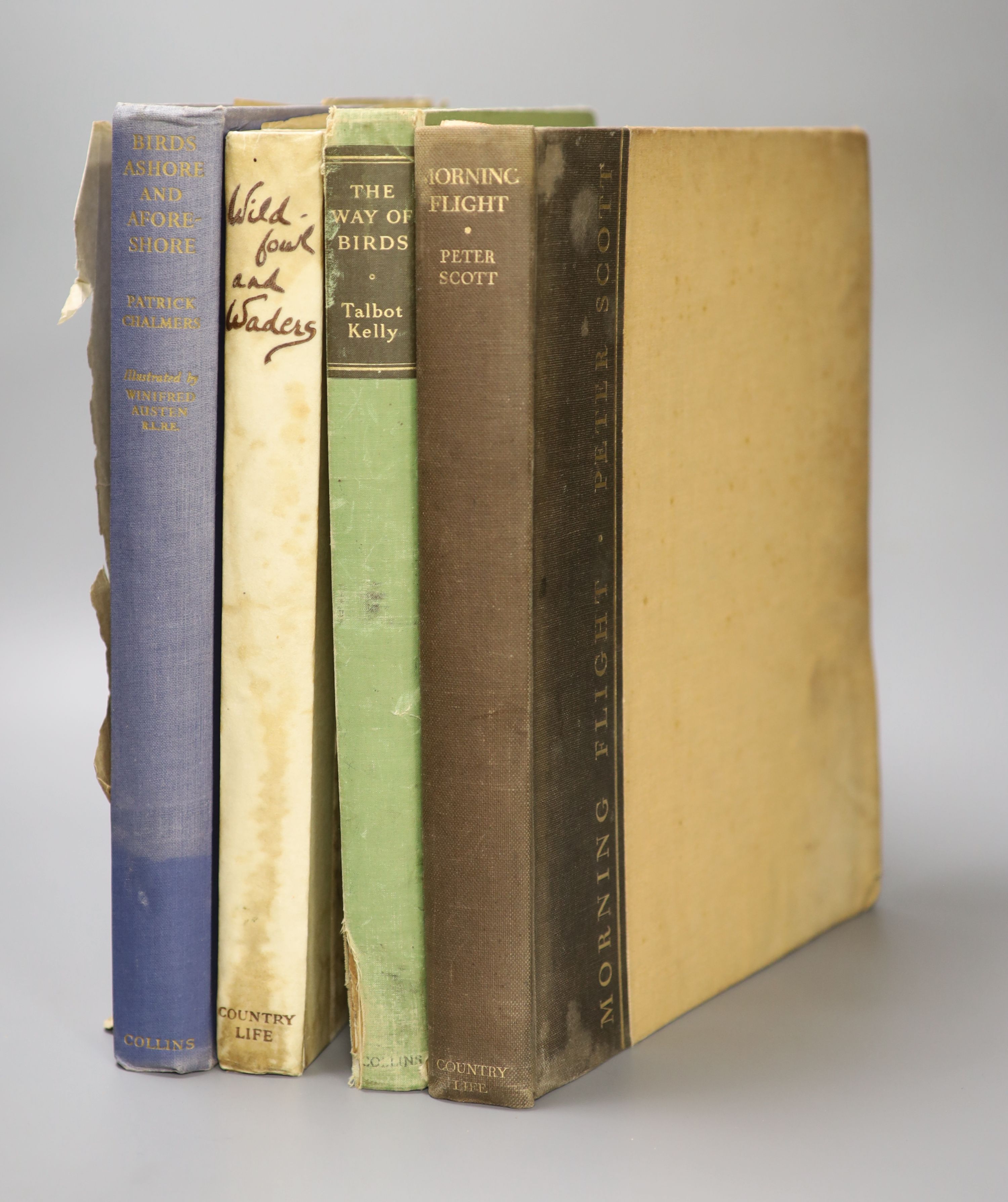 Scott, Peter - Morning Flight. A book of Wildfowl, qto, original cloth, number 316 of 750, signed by the author, Country Life, London, 1935 and 3 others (ornithology) (4)
